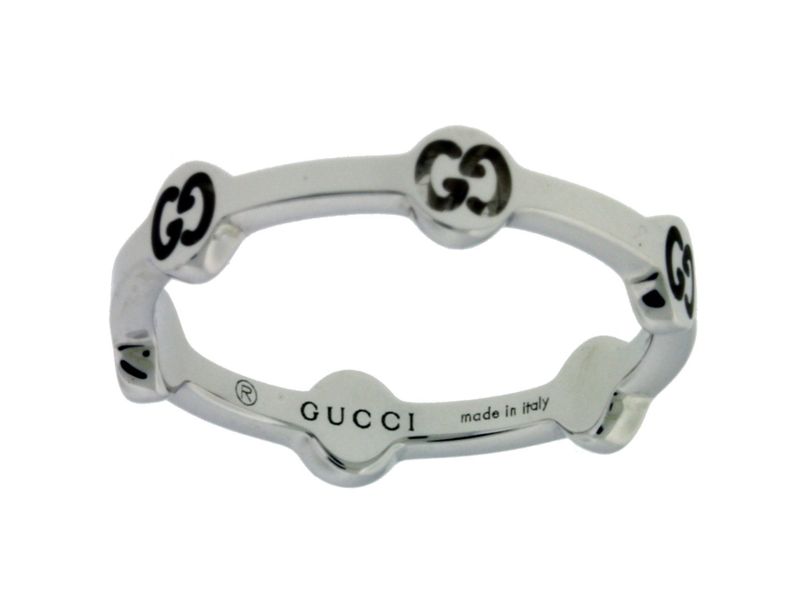 Gucci logo thin band ring in 18k white gold new in box Size 5.75