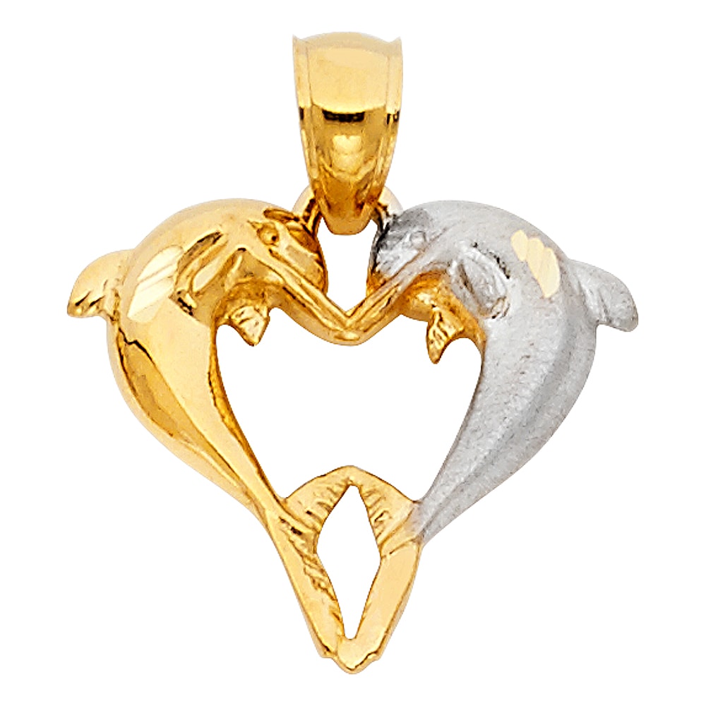 14K Solid Two Tone Gold Two Dolphins Heart Pendant
